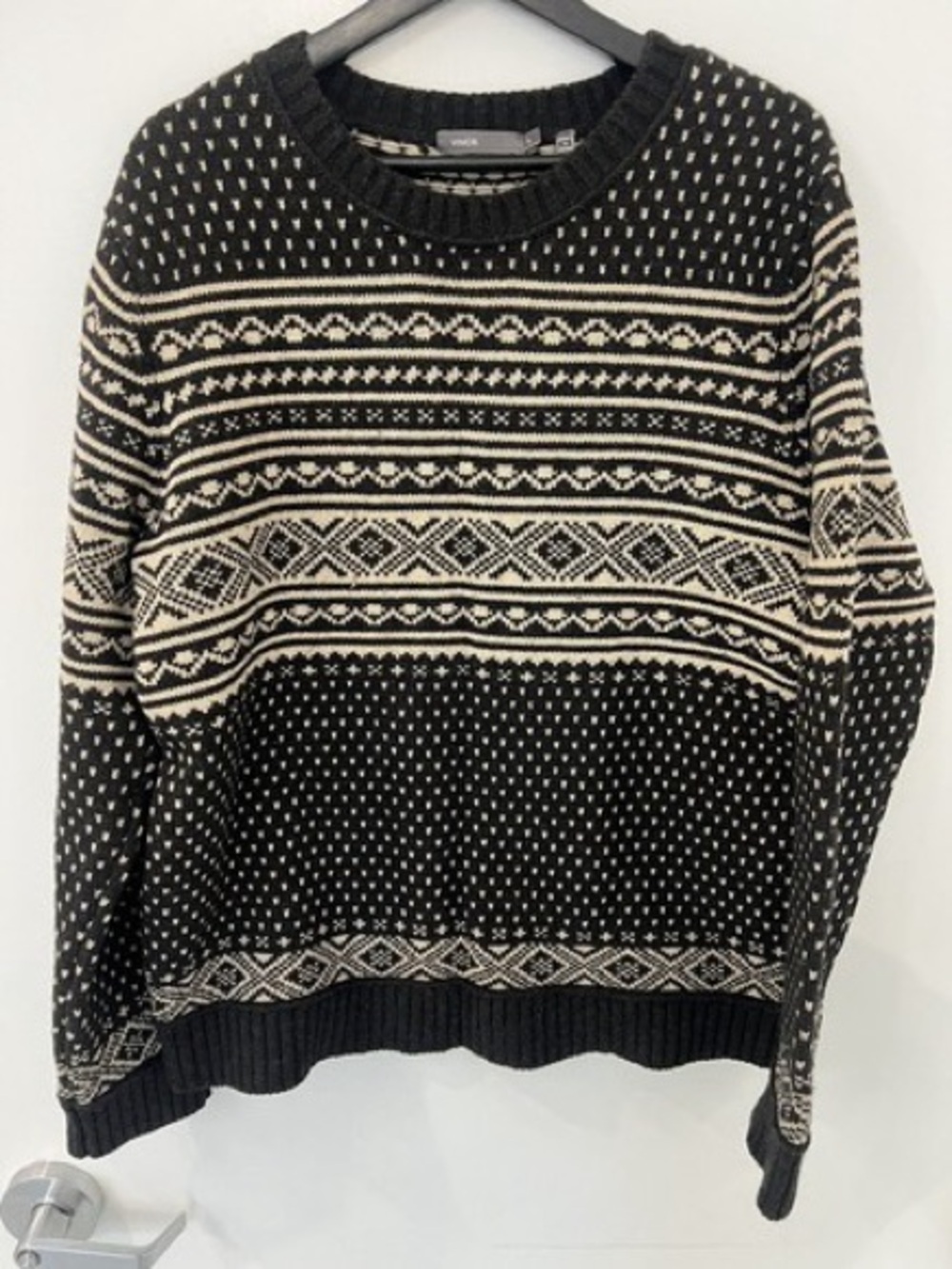 Black and Cream Fair Isle Crewneck Sweater - Vince